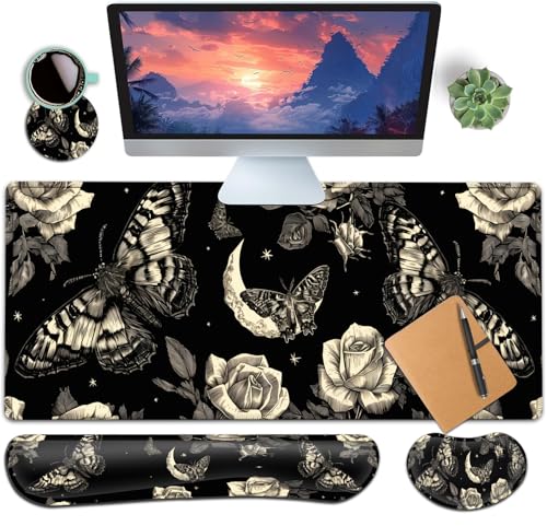 Large Gaming Mouse Pad+ Keyboard Wrist Rest Set, Ergonomics Memory Foam Mouse Mat Wrist Rest Support for Home Office, Waterproof Extended Mousepad 31.5x11.8in, Rose and Butterfly Black Desk Pad - color: Yvb-mousepad-9-f-153