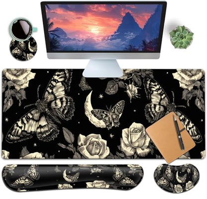 Large Gaming Mouse Pad+ Keyboard Wrist Rest Set, Ergonomics Memory Foam Mouse Mat Wrist Rest Support for Home Office, Waterproof Extended Mousepad 31.5x11.8in, Rose and Butterfly Black Desk Pad - color: Yvb-mousepad-9-f-153