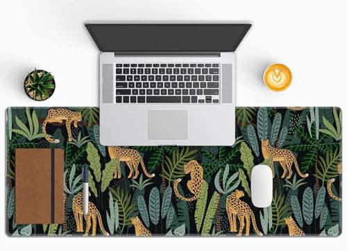 Leopard Jungle Animal Tropical Leaves Large Gaming Mouse Pad with Stitched Edges, Desk Pad Extended Keyboard Mat, Non-Slip Rubber Base Mousepads for Laptop, Office, Home, 31.5X11.8 inch - color: Leopard Jungle Animal Tropical Leaves