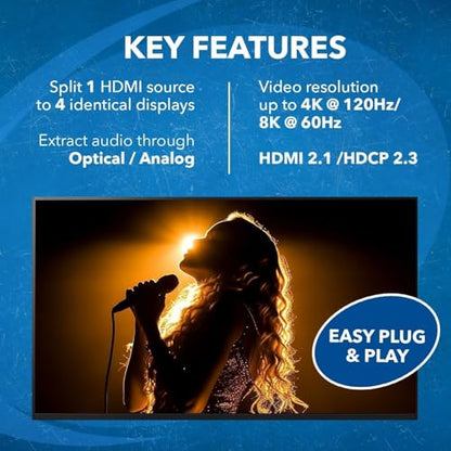 OREI 8K HDMI Splitter 1 in 4 Out, 1 x 4 Duplicate/Mirro Screen with Audio Extractor UltraHD Supports Upto 4K @ 120Hz IR EDID HDCP 2.3 for PS5, Xbox, NVIDIA (BK-104A) | OREI 8K HDMI Splitter 1 in 4 Out, Downscaler & Audio Extractor Up to 8K@60Hz 4:2:0. 1x4