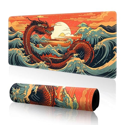 Wave Sea Dragon Gaming Mouse Pad,Anime Mouse Pad Gaming 31.5 x 11.8 in Mouse Mat Desk Pad,Extended Keyboard Pad Large Desk Mat Mousepad with Non-Slip Base and Stitched Edge for Home Office - color: Japanese Waves Sea Dragon