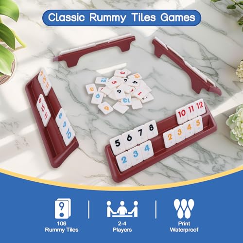 Offelec 106 Rummy Tiles Set with 4 Double Tile Holders - Compact Travel Size Rummy Cube Games, Classic Rummy Game for Adults, Kids & Family Game Night - 2-4 Players Board Games ﻿ - color: Mini Size Rummy Cube