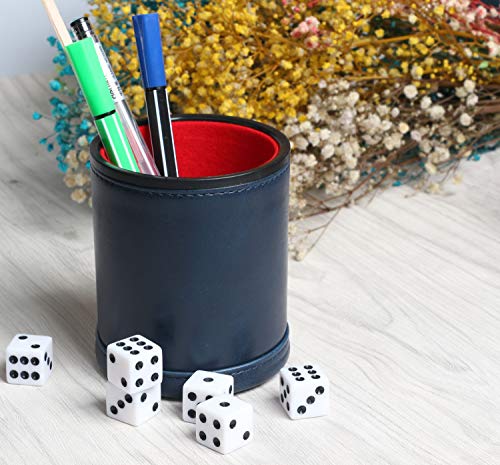 Navy Leatherette Dice Cup Set with 6 Dice Felt Lining Quiet in Shaking for Playing Liars Dice Farkle Yahtzee Board Games - color: Navy