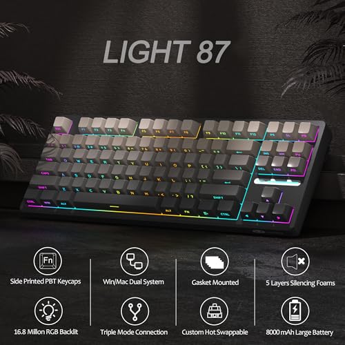 MageGee LIGHT87 Wireless Creamy Keyboard, Gasket Structure, RGB Backlit, 2.4G/USB-C/BT5.0 Hot Swappable Mechanical Gaming Keyboard for Win/Mac/PC, 8000mAh Battery, Side Printed PBT Keycaps, Black - color: Grey Black/Blue Whale Switch