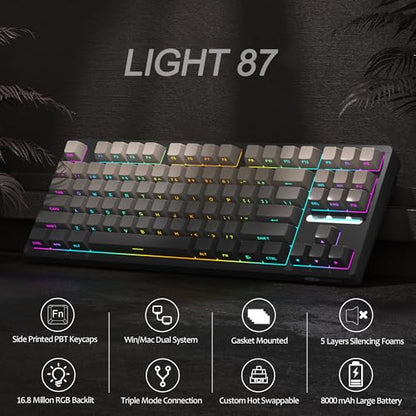 MageGee LIGHT87 Wireless Creamy Keyboard, Gasket Structure, RGB Backlit, 2.4G/USB-C/BT5.0 Hot Swappable Mechanical Gaming Keyboard for Win/Mac/PC, 8000mAh Battery, Side Printed PBT Keycaps, Black - color: Grey Black/Blue Whale Switch