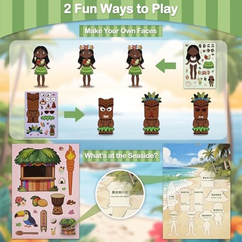 Summer Stickers for Kids, Make a Face Hawaiian Tiki Party Decorations, Water Bottle Stickers for Toddler Crafts, Tropical Luau Party Favors and Goodie Bag Stuffers (10 Sheets + 1 Scene Card) - style: Hawaii
