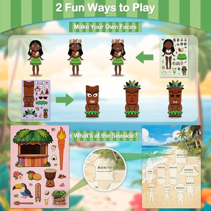 Summer Stickers for Kids, Make a Face Hawaiian Tiki Party Decorations, Water Bottle Stickers for Toddler Crafts, Tropical Luau Party Favors and Goodie Bag Stuffers (10 Sheets + 1 Scene Card) - style: Hawaii
