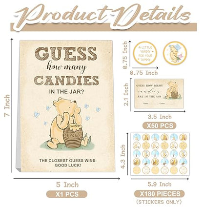 ALodr Winnie Guess How Many Candies Baby Shower Games, Includes ‘Guess How Many Candies’ Standing Sign, 50 Guest Guess Cards & 180 Stickers, Baby Shower Party Decorations Supplies - color: Winnie 01