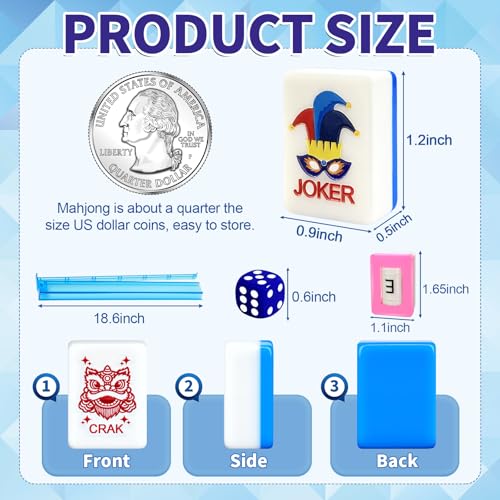 Deluxe American Mahjong Tile Set, 166 Unique Designer Tiles, Blue | Complete game kit with 4 pcs shuffler cards, 4 all-in-one racks/pushers and custom premium travel bag for family game night. - color: Blue