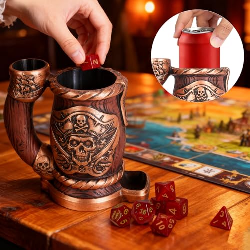 Dice Tower Mug, Dice Rolling Tower, Comes with 7 PCS Dice Set, Suitable for DND Dungeons and Dragons, Tabletop Games, Available As Drink Holder, D&D Gifts, DND Accessories (Wooden Skull) - color: Wooden Skull