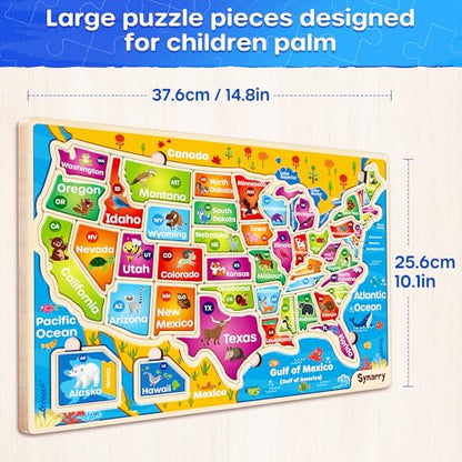 SYNARRY Large USA Wooden Puzzles for Kids Ages 3-5, Learning United States Map Puzles for Kids Ages 4-6, Wood Jigsaw Puzzles Educational Games Toys Gifts for Boys Girls Ages 3-8 - style: USA Map