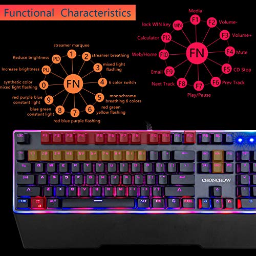 RGB Membrane-Mechanical Keyboard,CHONCHOW Edge Backlit Computer Gaming Keyboard Blue Switch Feeling for Windows PC Mac PS4 Xbox One- Black