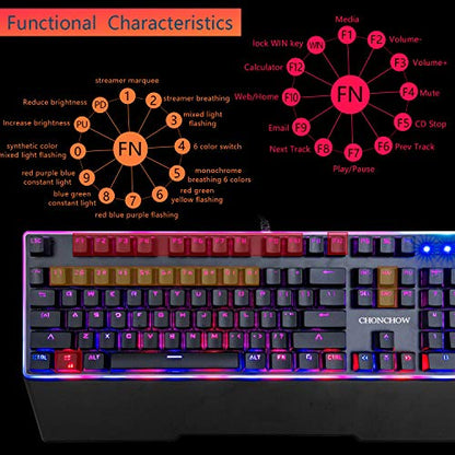 RGB Membrane-Mechanical Keyboard,CHONCHOW Edge Backlit Computer Gaming Keyboard Blue Switch Feeling for Windows PC Mac PS4 Xbox One- Black