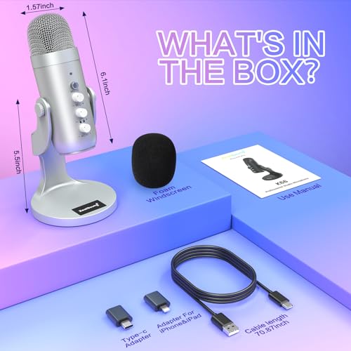 ZealSound Podcast Microphone for PC, Noise Cancellation USB Mic with Gain, Volume Adjustment & Mute Button, Monitoring & Echo, for YouTube, TikTok, Podcasting, Streaming, iPhone, iPad, Android(Silver) - color: Silver