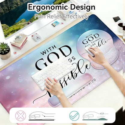 Desk Mat Set + Keyboard and Mouse Pad with Wrist Rest Support,4-in-1 Large Mousepad Computer Mats for Desktop Home & Office-with God - color: D3-Glitter Green