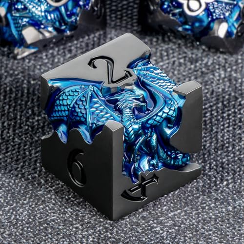 Roycevon Relief Dragon DND Dice Set for Role Playing Game, 7Pcs Metal D&D Dice Set Dungeons Dragons with Gift Box, Polyhedral D and D Dice D20 D12 D10 D8 D6 D4, Blue and Black - color: Blue and Black