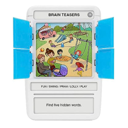 Brain Teasers Travel Game - Solve 100 Puzzles | Flash Cards with Slide Reveal Case | Card Game, Gift, Stocking Stuffer | Hours of Fun for Kids and Adults | Age 6+ - style: Brain Teasers
