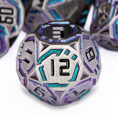 Metal DND Sci-fi Dice Set 7PCS Stripe Polyhedral Dice for Dungeons Dragons RPG Role Playing Game, Glitter D and D Dice with Gift Box D6 D8 D10 D12 D20 (Grey&Purple Green) - color: Silver Gray - Purple Green