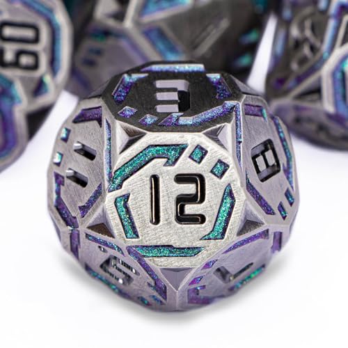 Metal DND Sci-fi Dice Set 7PCS Stripe Polyhedral Dice for Dungeons Dragons RPG Role Playing Game, Glitter D and D Dice with Gift Box D6 D8 D10 D12 D20 (Grey&Purple Green) - color: Silver Gray - Purple Green