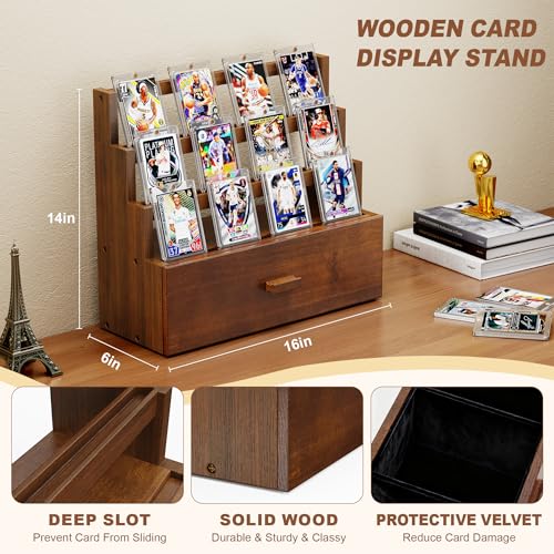 Emfogo Trading Card Display, 3-Tier Card Display Case with Custom Drawer, Wood Graded Card Display with Supporters and Dividers, Sports Card Display Case for Collection (Walnut) - color: Walnut