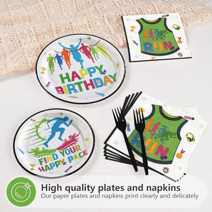 96 Pcs Happy Running Birthday Party Decorations, Serves 24 | Find Your Happy Pace Plates and Napkins Sports Fitness Tableware Set for Athletes Run Marathon Birthday Sports Party Supplies - style: Run Happy Birthday Plates m