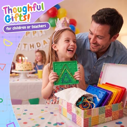 6 Pack Double-Sided Geoboard Math Preschool Classroom Manipulative for Kids | Geo Board Set with Rubber Bands and 15 Pattern Cards for STEM Shapes, Classroom Must Haves, Fine Motor Games for Kids Party