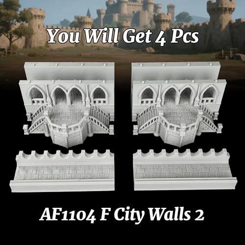 25mm Scale Unpainted RPG Building Straight Walls & Balcony, Modular Medieval Fortress Ramparts with Stairs -2-Piece TTRPG Terrain Set for Dungeon Masters & Wargame - City Walls 2 (AF1104 F) - color: Af1104 F City Walls 2