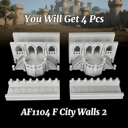 25mm Scale Unpainted RPG Building Straight Walls & Balcony, Modular Medieval Fortress Ramparts with Stairs -2-Piece TTRPG Terrain Set for Dungeon Masters & Wargame - City Walls 2 (AF1104 F) - color: Af1104 F City Walls 2
