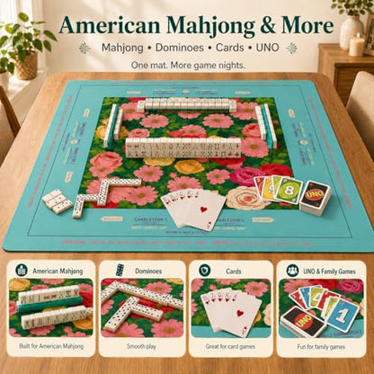 Red Rose Mahjong Mat 33x33 Inch, Floral Mahjong Mat with Carry Bag, Non-Slip Noise Reducing Waterproof Mahjong Table Mat for American Mahjong, Poker & Board Games