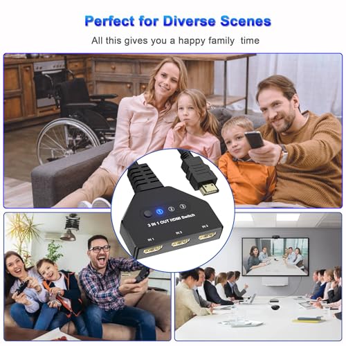 HDMI Switch 3 in 1 Out, 4K@30hz HDMI Splitter, 3 Ports HDMI Switcher Supports Full HD 1080P 3D Compatible with Roku Fire TV Stick HDTV PS4/PS5 Xbox One Chromecast, Compatible with Mac/Win/Linux