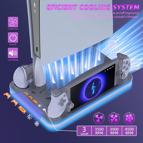 PS5 Pro Cooling Station, Portal Charger, Dual Controller Dock & RGB Lights | Magnetic Portal dock and dual controller chargers show status; set console USB power to Always for charging in rest mode - color: Gray