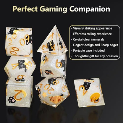 DND Cat Dice Set for Role Playing Gaming with Box, Sticker Sharp Edged Polyhedral Resin DND Dice Set with Cute Black Cat ＆ Yellow Image, D% D20 D12 D10 D8 D6 D4 Dice RPG MTG Gift (White) - color: White-yellow, style: Cat