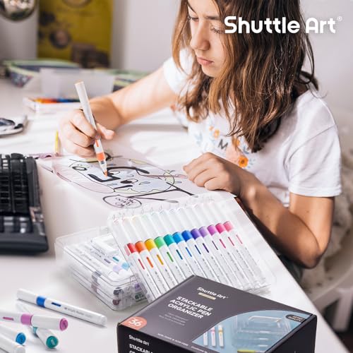 Shuttle Art 36 Automatic Ink Control Acrylic Paint Markers Organizer, Portable 3-Layer Transparent Storage Box, Stackable Pen Holder for Art Supplies,Ideal for Home, Office & School Desk Organization