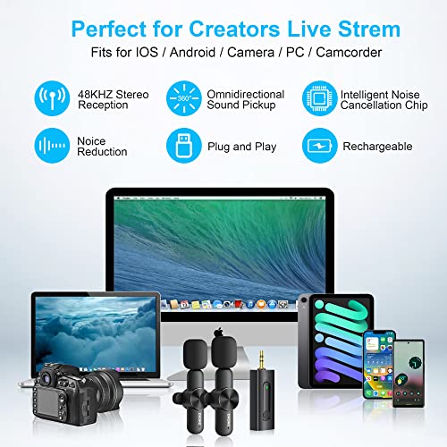 Dual Wireless Lavalier Microphone for iPhone/Android Phones/DSLR Camera/Laptop/MacBook/GoPro/Camcorder, Professional Lapel Mic for Video Recording/Vlogging/YouTube/Podcast/LiveStream