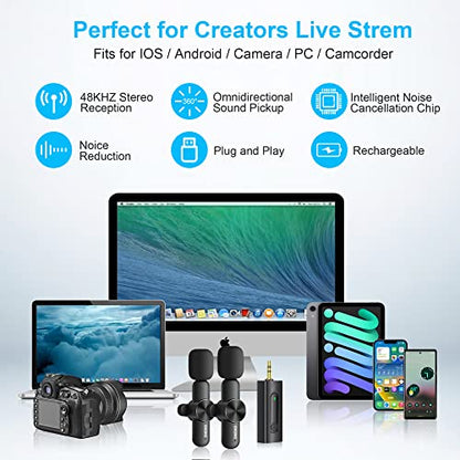 Dual Wireless Lavalier Microphone for iPhone/Android Phones/DSLR Camera/Laptop/MacBook/GoPro/Camcorder, Professional Lapel Mic for Video Recording/Vlogging/YouTube/Podcast/LiveStream