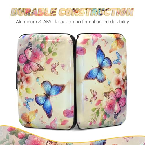 Credit Card Holder, Colorful Butterfly Mini RFID Small Aluminum Card Wallet | Blocking Slim Metal Business Card Case, RFID Blocking Front Pocket Wallet Hard Case Durable CC Holder for Women Girl - color: Colorful Butterflies