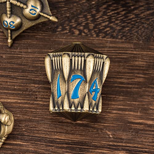 UDIXI Dragon Metal Dice Set D&D, 7-die Polyhedral Dice Set with Unique Shape for DND Role Playing Games (Bronze with Blue Number) - color: Dg-bronze With Blue Number