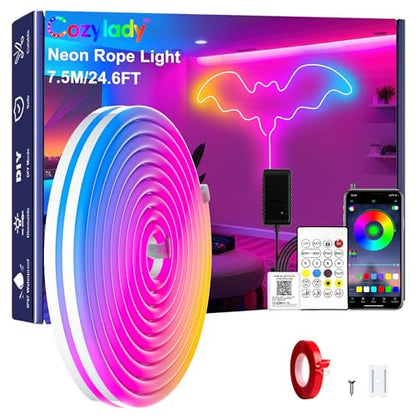 Cozylady RGB Neon Light LED Rope Light,Waterproof Bluetooth APP Remote Control Music Sync Strip Light,24V Flexible DIY Silicone Light for Bedroom Home Indoor Outdoor Decoration - size: 7.5M/25Ft