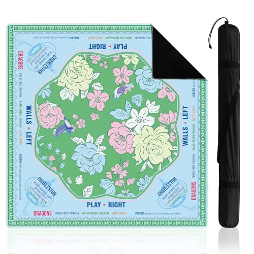 Soulchen Flower Blue and Green American Mahjong Mat for Table with Rules, No Creases, Ships Rolled, 31.5 x 31.5 Non-Slip Noise Reduction Gaming Mat with Carrying Bag for Poker Card Board - color: Blue and Green