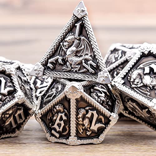 AUSTOR 7-Die Metal DND Dice Set Dungeons and Dragons Polyhedral Roll Playing Dice with Box D20 D12 D10 D% D8 D6 D4 for Pathfinder MTG RPG Board Games - color: Black With Silver Edge