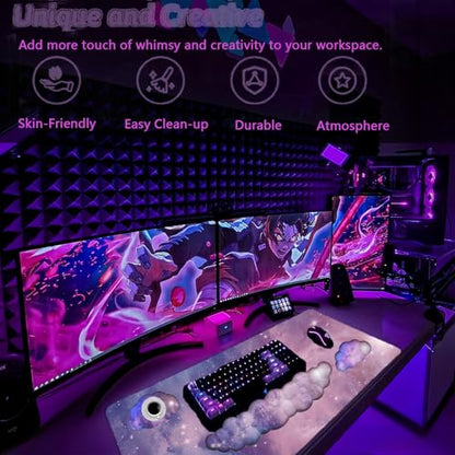 Cloud Wrist Rest Keyboard Purple Cloud Mouse Pad Set 4PCS Galaxy Large Desk Mat Ergonomic Space Wrist Pad Support Memory Foam Non-Slip Wrist Rest for Keyboard and Mouse Computer Gaming Home Office - color: 4pcs Purple Galaxy