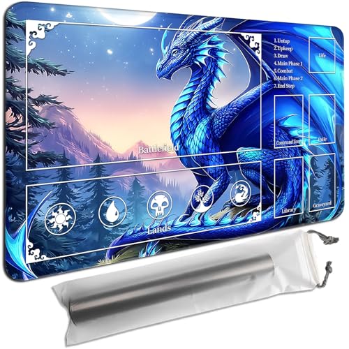 MTG Playmat with Zones 24x14 Inch – Trading Card Game Mat for Magic The Gathering,Commander Playmat with Storage Bags,TCG Card Battle Mat,Blue Dragon Fantasy Art - color: Blue Dragon Fantasy Art, size: 24x14 in