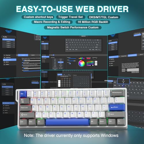 AULA WIN60 HE MAX - 60% Mechanical Gaming Keyboard Wired, Hall Effect Magnetic Switches Hot Swappable, Adjustable Actuation Rapid Trigger Mode, 8000 Hz Polling Rate, 60 Percent Keyboard Compact Design - color: Gray&White&Blue