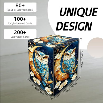 for MTG Deck Box, Trading Card Storage Case Holds 100+ Sleeved Cards, Owl on Golden Crescent Moon with Flowers Magnetic Closure Durable Deck Holder for Magic The Gathering, TCG & Commander - color: Owl on Golden Crescent Moon with Flowers
