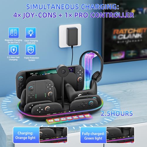 Switch 2 Charging Dock Stand with Cooling Fan,Charger for Joycons 2 and Switch 2 Pro Controller with RGB Light Storage Stand for Headset & Camera Storage Slot &7 Game Card Slots