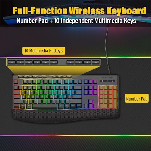 E-YOOSO Wireless Bluethooth Silent Backlit Gaming Keyboard,Tri-Mode BT5.0/2.4GHz/Wired,8 RGB Light up,Ergonomic,USB C Rechargeable,for Typing/Office/Home/PC Computer/Mac/Laptop/IPad/Xbox/PS5