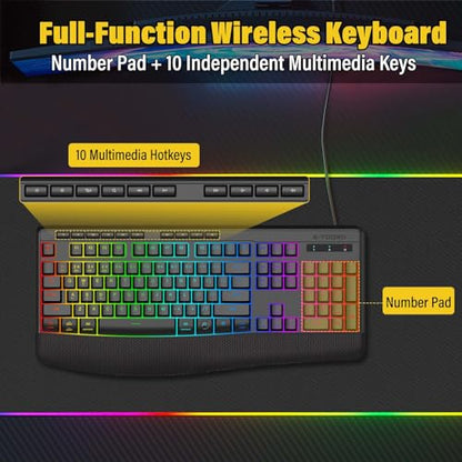 E-YOOSO Wireless Bluethooth Silent Backlit Gaming Keyboard,Tri-Mode BT5.0/2.4GHz/Wired,8 RGB Light up,Ergonomic,USB C Rechargeable,for Typing/Office/Home/PC Computer/Mac/Laptop/IPad/Xbox/PS5