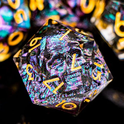 DND Skull Dice Set 7PCS Necromancer Polyhedral Dice for Dungeons Dragons RPG Role Playing Game, Resin Sharp Edged D and D Dice with Gift Box D6 D8 D10 D12 D20 (Purple Green) - color: Purple Green&gold