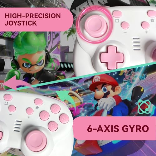 turbX Mini Mate Wireless Gaming Controller, Nintendo Switch Gamepad Joystick & Wired PC Windows Steam, Complimentary LED RBG Charging Stand w. Glowing Light, 6-Axis Gyro, 3D Joystick, Cute Pink - color: Pink