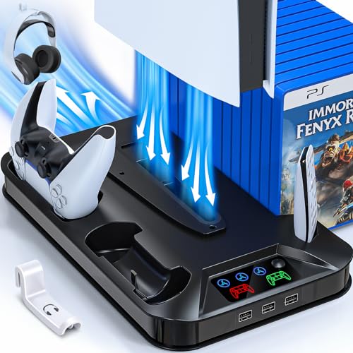PS5 / PS5 Slim Cooling Station with Controller Charging Station for PlayStation 5 Console Disc/Digital, Cooling Stand for PlayStation 5 Slim with Cooler Fan Accessories with 3 USB Hubs/Headset Holder - color: Black